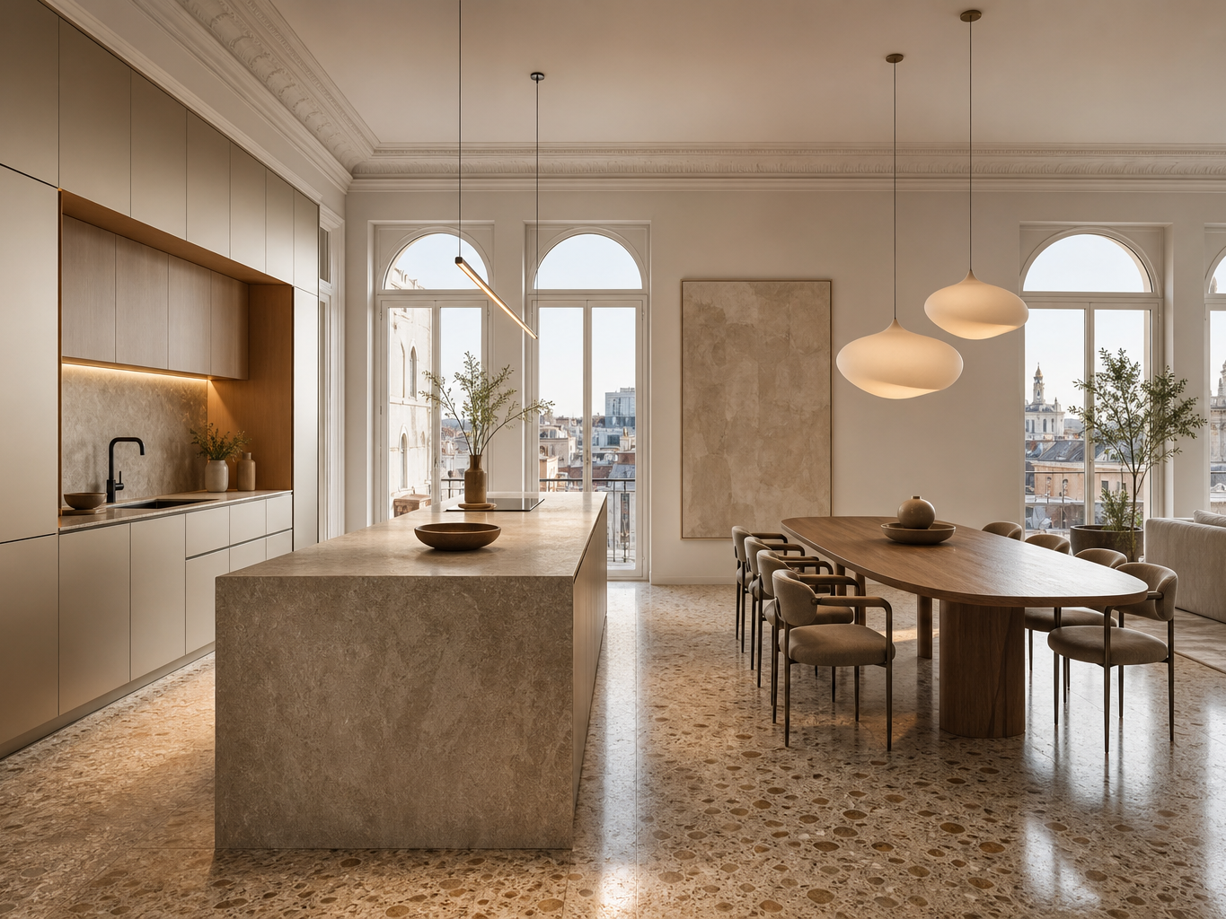 Fadior The Italian Lineage: How EuroCucina Defines the Global Luxury Kitchen Project — champagne cabinet wall, stone island, arched windows, terrazzo floor, oak dining table, city rooftops
