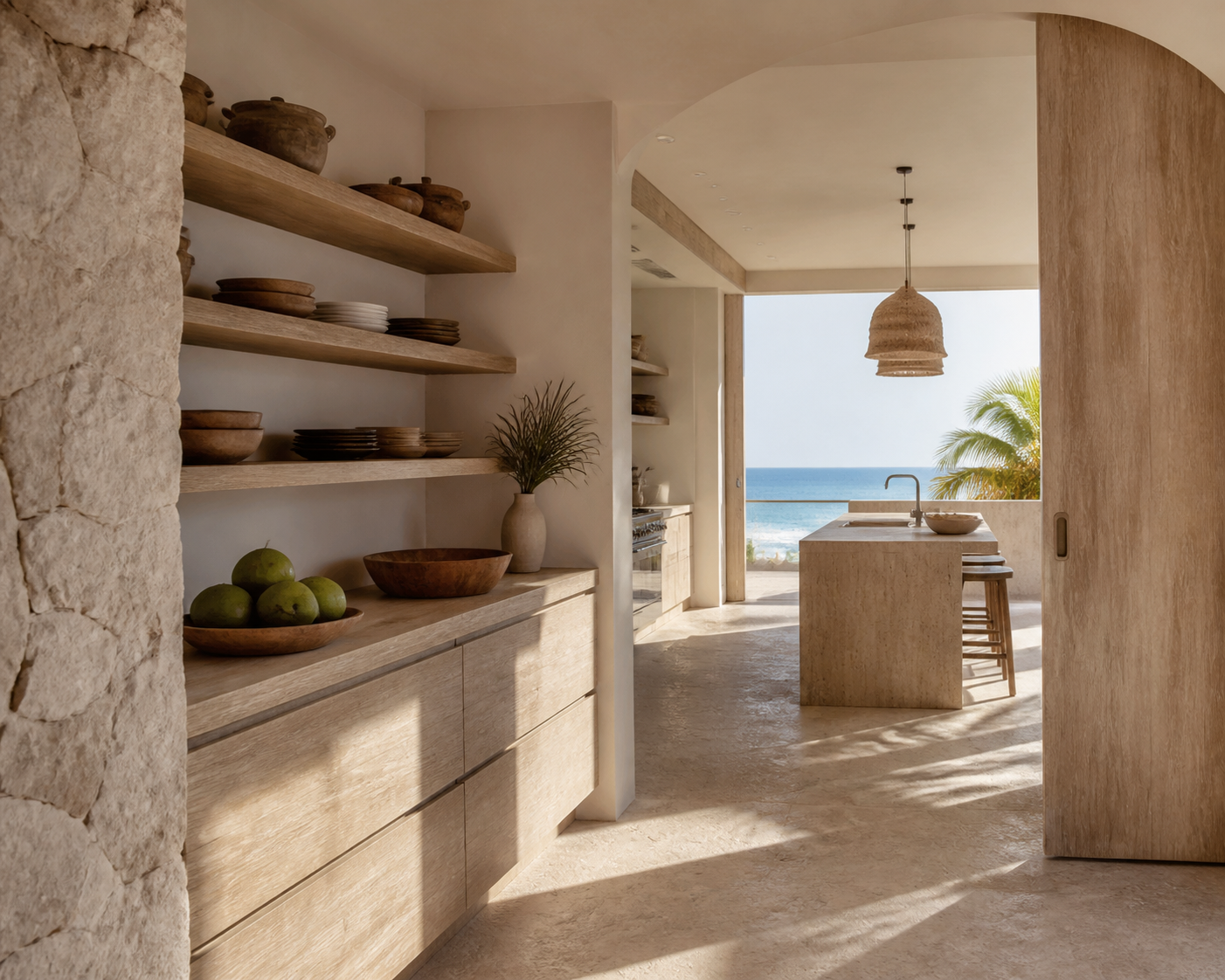 Fadior Miami 85 sqm Kitchen Apartment — Apartment pantry wall with tiled floor, plaster wall, timber shelf and window light