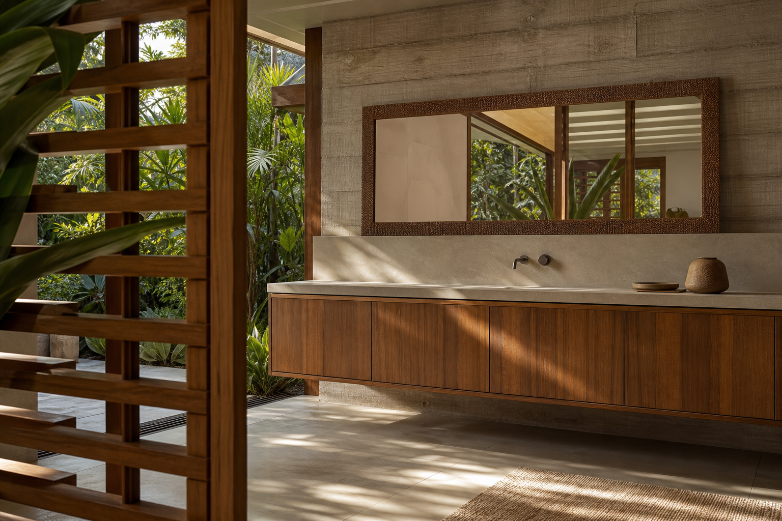 Fadior Verve Bath and Vanity Suite with Stone Reveal Basin Wall — lifestyle setting with natural light and residential