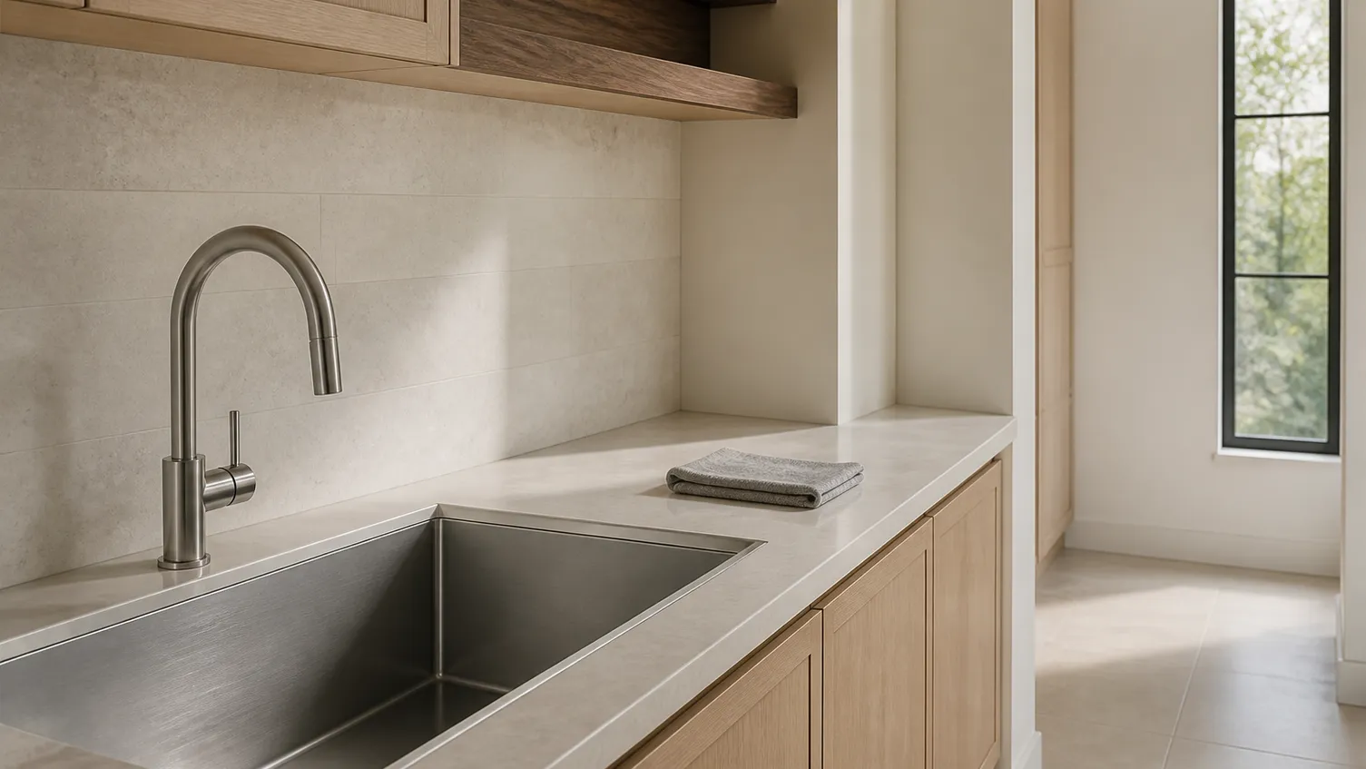 Bright laundry utility room with a deep work sink, pale stone worktop, warm oak storage, and one folded linen cloth.