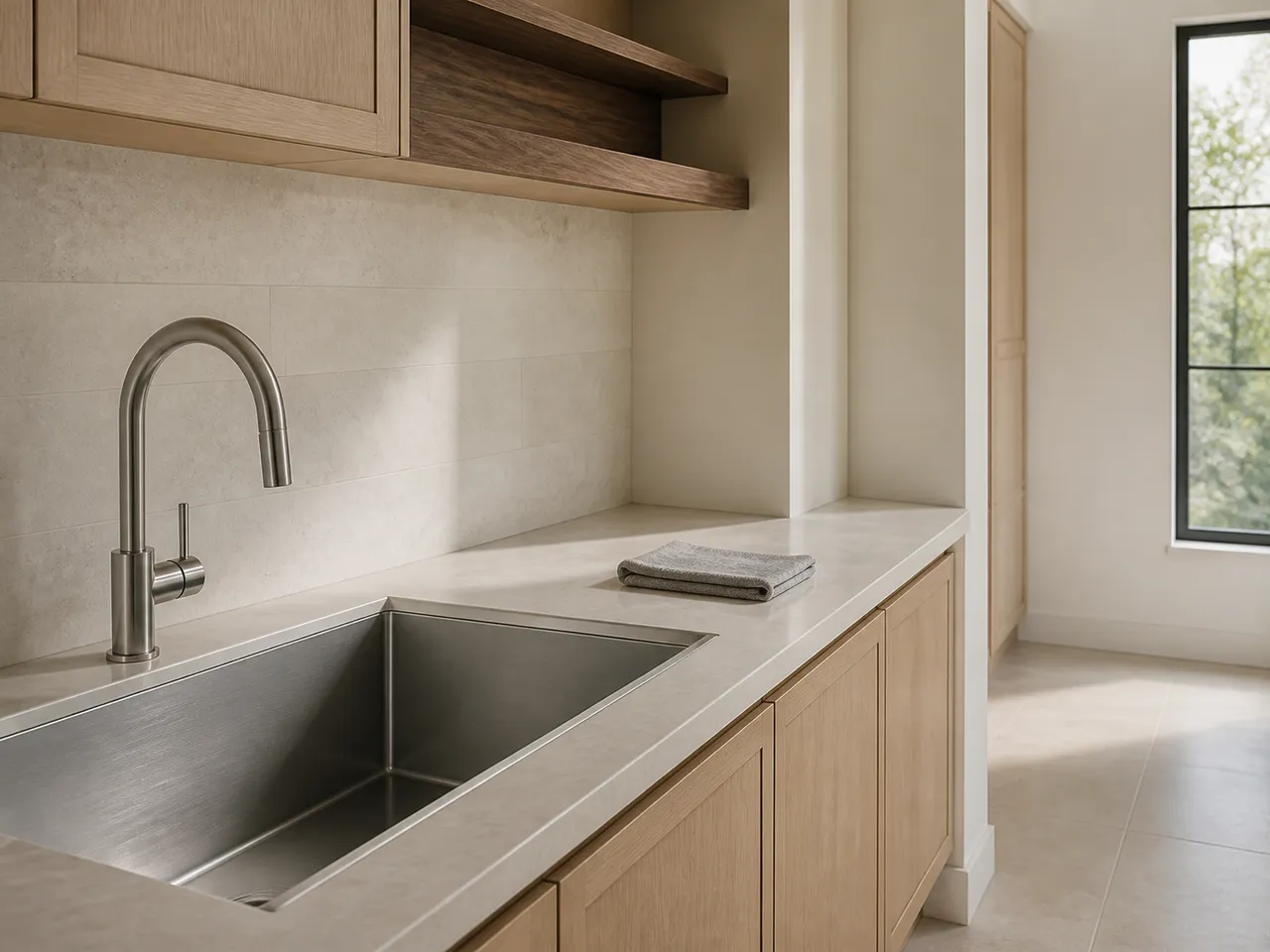 Bright laundry utility room with a deep work sink, pale stone worktop, warm oak storage, and one folded linen cloth. — 304 stainless steel cabinetry editorial by Fadior