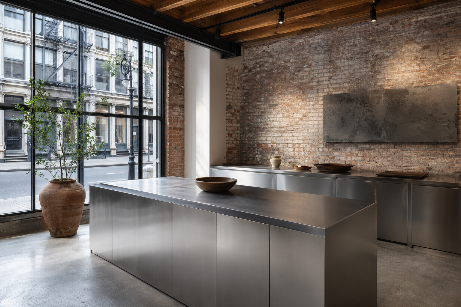 Fadior New York Flagship Showroom — stainless counter, brick wall, black window, concrete floor
