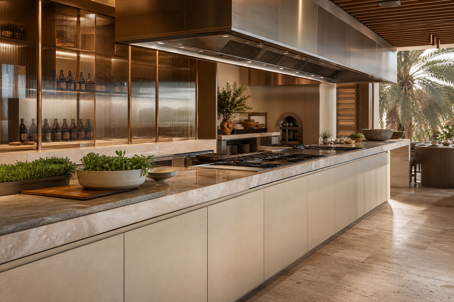 Fadior Dubai Chef Table Commercial Kitchen — kitchen counter, herb tray, marble wall, palm window