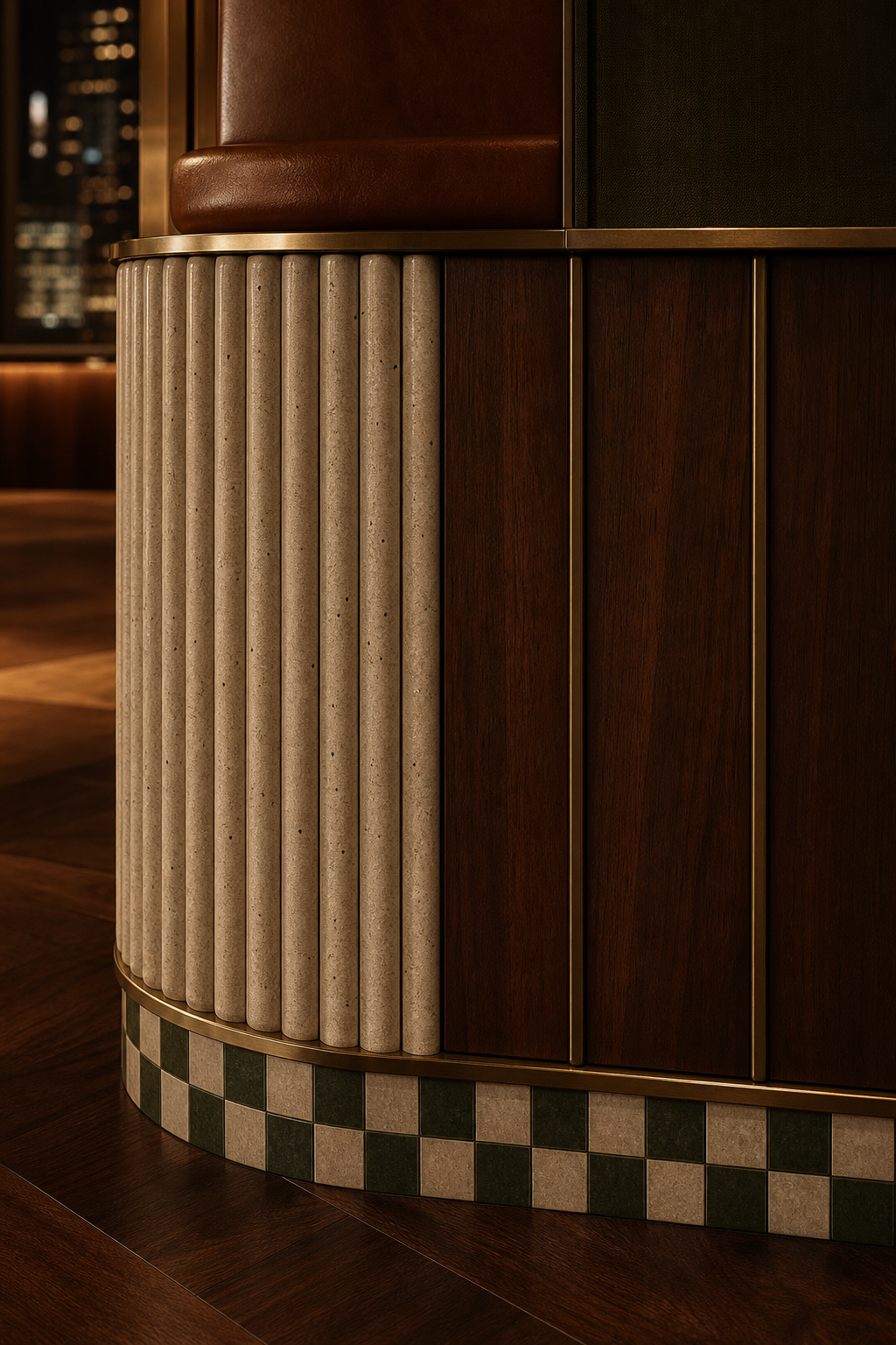 Fadior Terrazzo Wall Panel Suite with Tambour Acoustic Cove — close-up of stainless steel finish and hardware detail