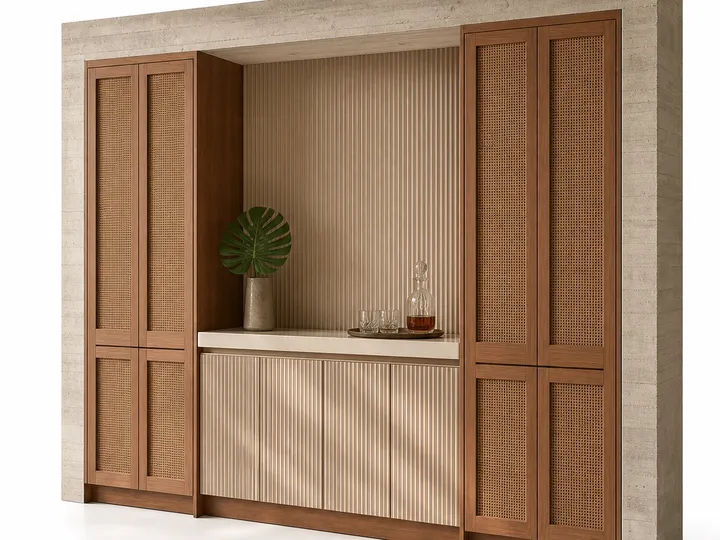 Fadior Grotto Wine Cabinet Suite with Fluted Quartz Aperitif Wall — 304 stainless steel wine cabinet system, front view