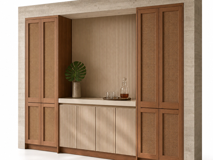 Fadior Grotto Wine Cabinet Suite with Fluted Quartz Aperitif Wall — 304 stainless steel wine cabinet system, front view