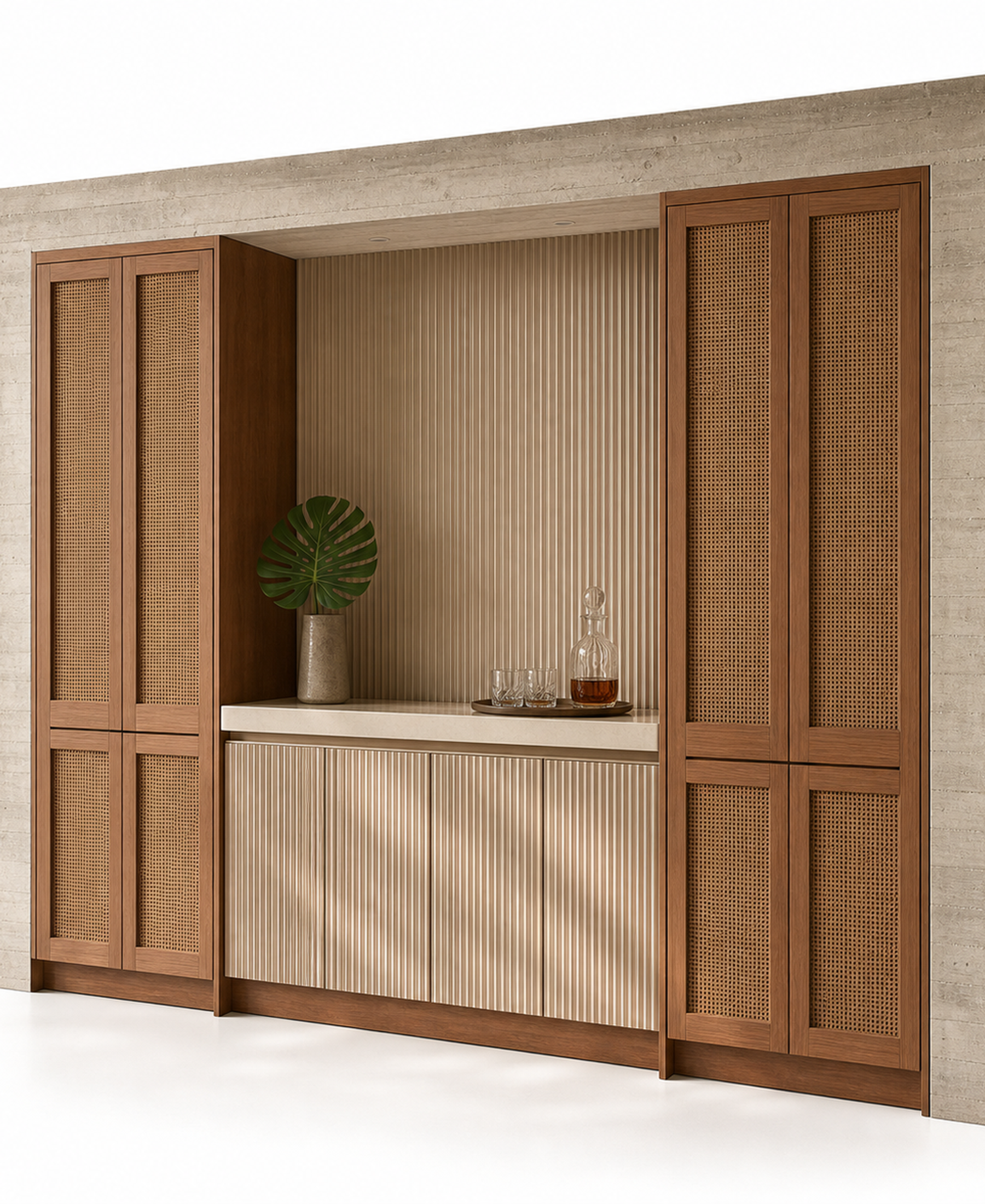 Fadior Grotto Wine Cabinet Suite with Fluted Quartz Aperitif Wall — 304 stainless steel wine cabinet system, front view