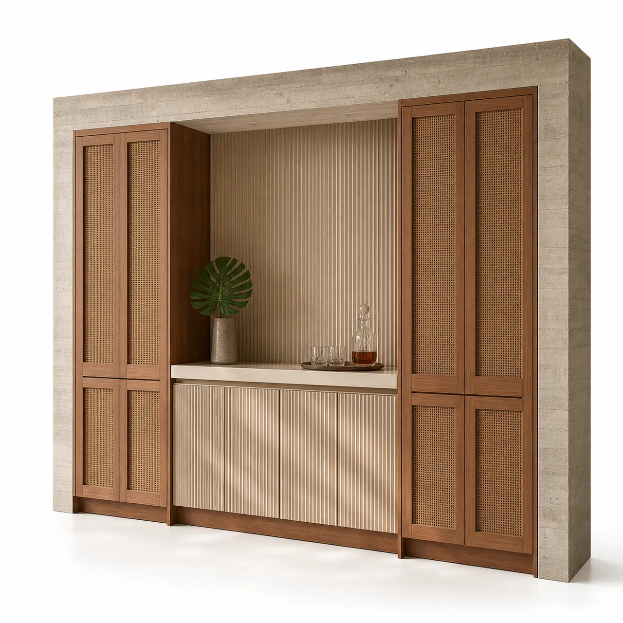 Fadior Grotto Wine Cabinet Suite with Fluted Quartz Aperitif Wall — 304 stainless steel wine cabinet system, front view