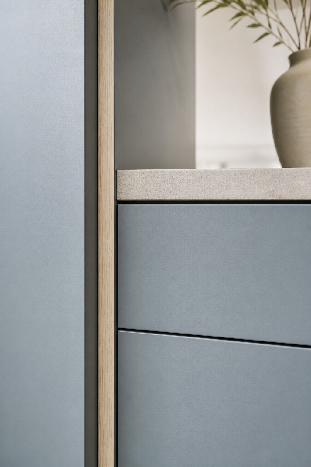 Fadior Meridian Kitchen Suite with Tidal Pantry Bridge — close-up of stainless steel finish and hardware detail