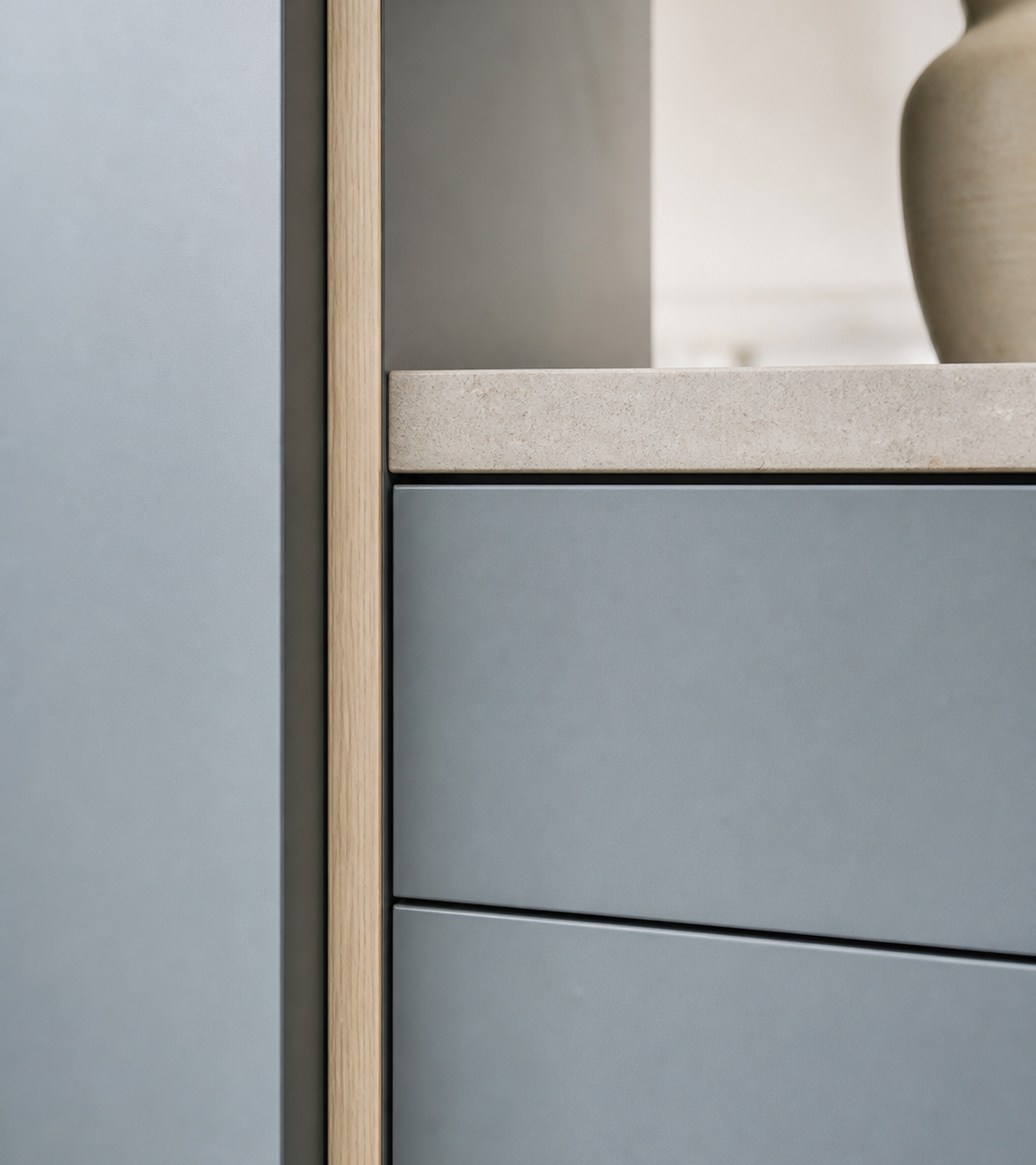 Fadior Meridian Kitchen Suite with Tidal Pantry Bridge — close-up of stainless steel finish and hardware detail
