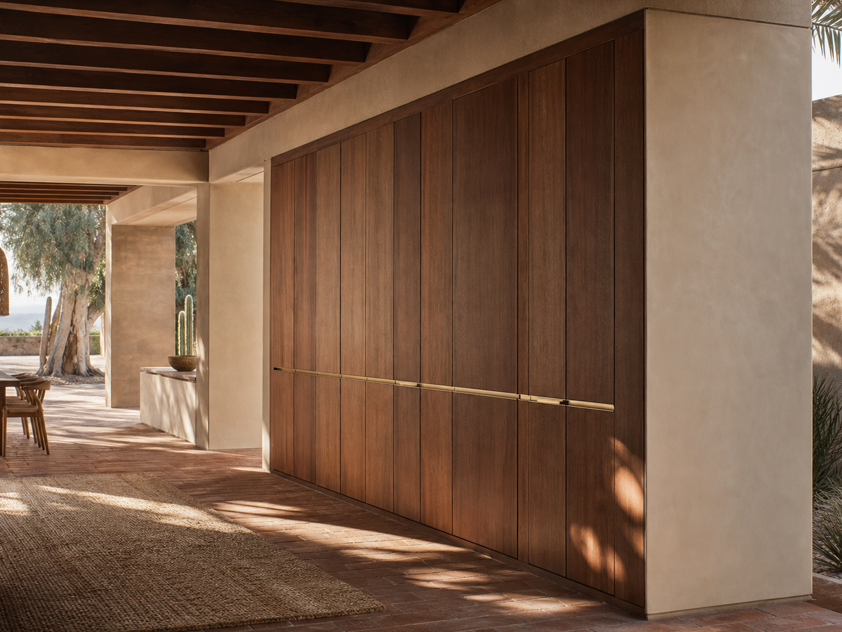 Fadior Elementum Wardrobe Suite with Courtyard Panel Dressing Portal — 304 stainless steel wardrobe system, front view
