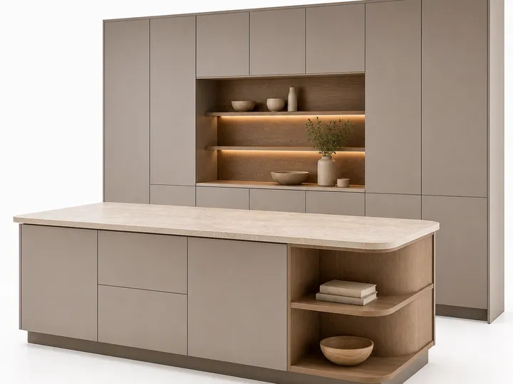 Fadior Silkstone Kitchen Suite with Spectral Prep Peninsula — 304 stainless steel kitchen system, front view