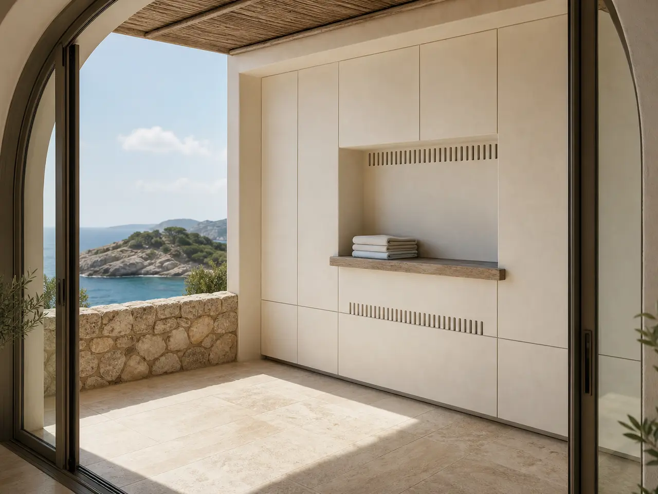 Fadior Aurora Balcony Suite with Monsoon Towel Drying Niche - 304 stainless steel balcony cabinetry for humidity, laundry overflow, utility storage, and semi-outdoor residential use