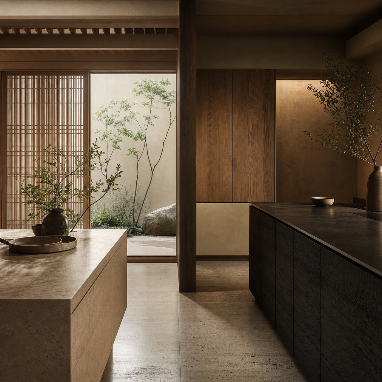 Kitchen decision comparison scene with stone surfaces and oak cabinetry for ceramic versus 304 choices.