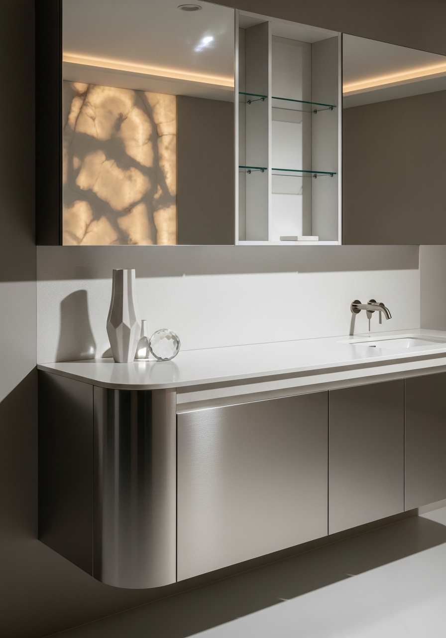 Fadior Acqua Luminous Vanity — close-up of stainless steel finish and hardware detail