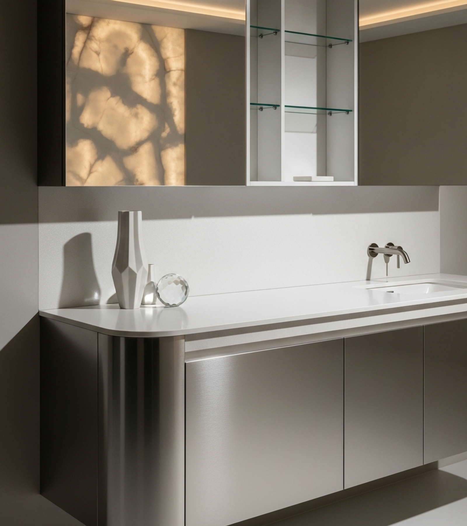 Fadior Acqua Luminous Vanity — close-up of stainless steel finish and hardware detail