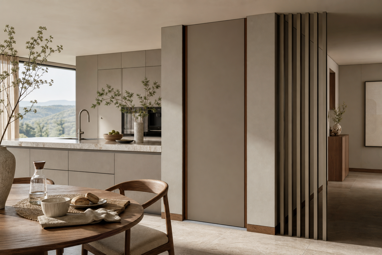 Fadior Silhouette Interior Door Suite with Sculptural Fin Passage Screen — lifestyle setting with natural light and