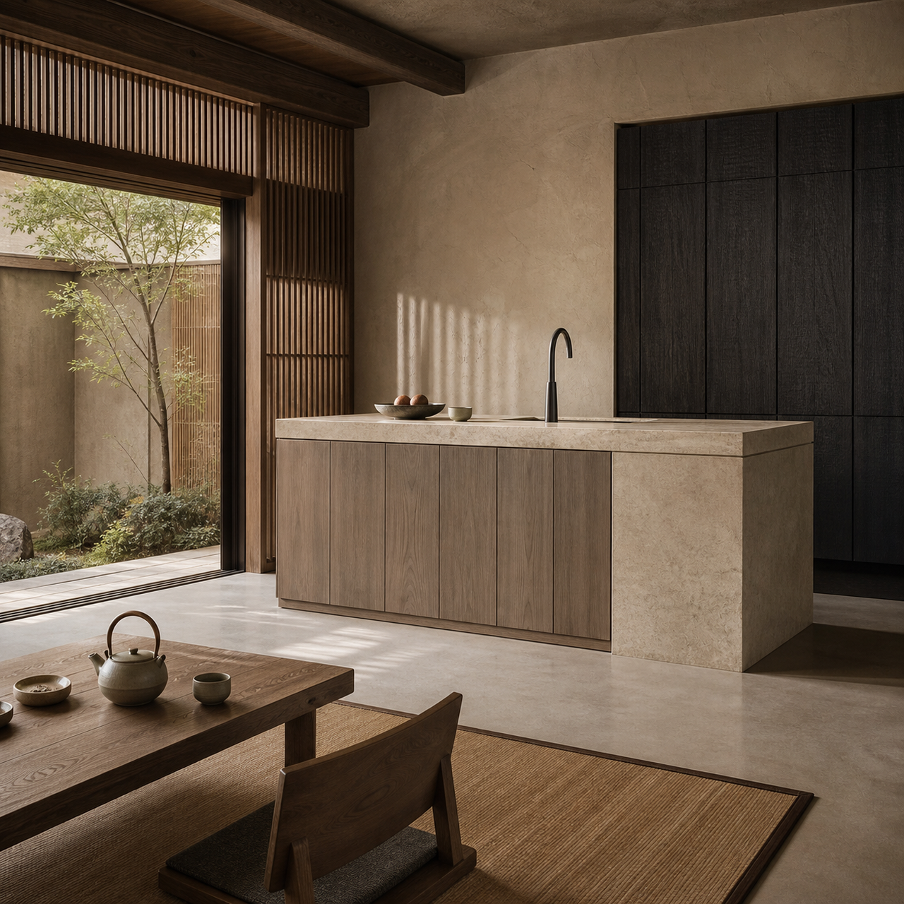 Fadior Silkstone Kitchen Suite with Tapered Faucet Peninsula — lifestyle setting with natural light and residential styling