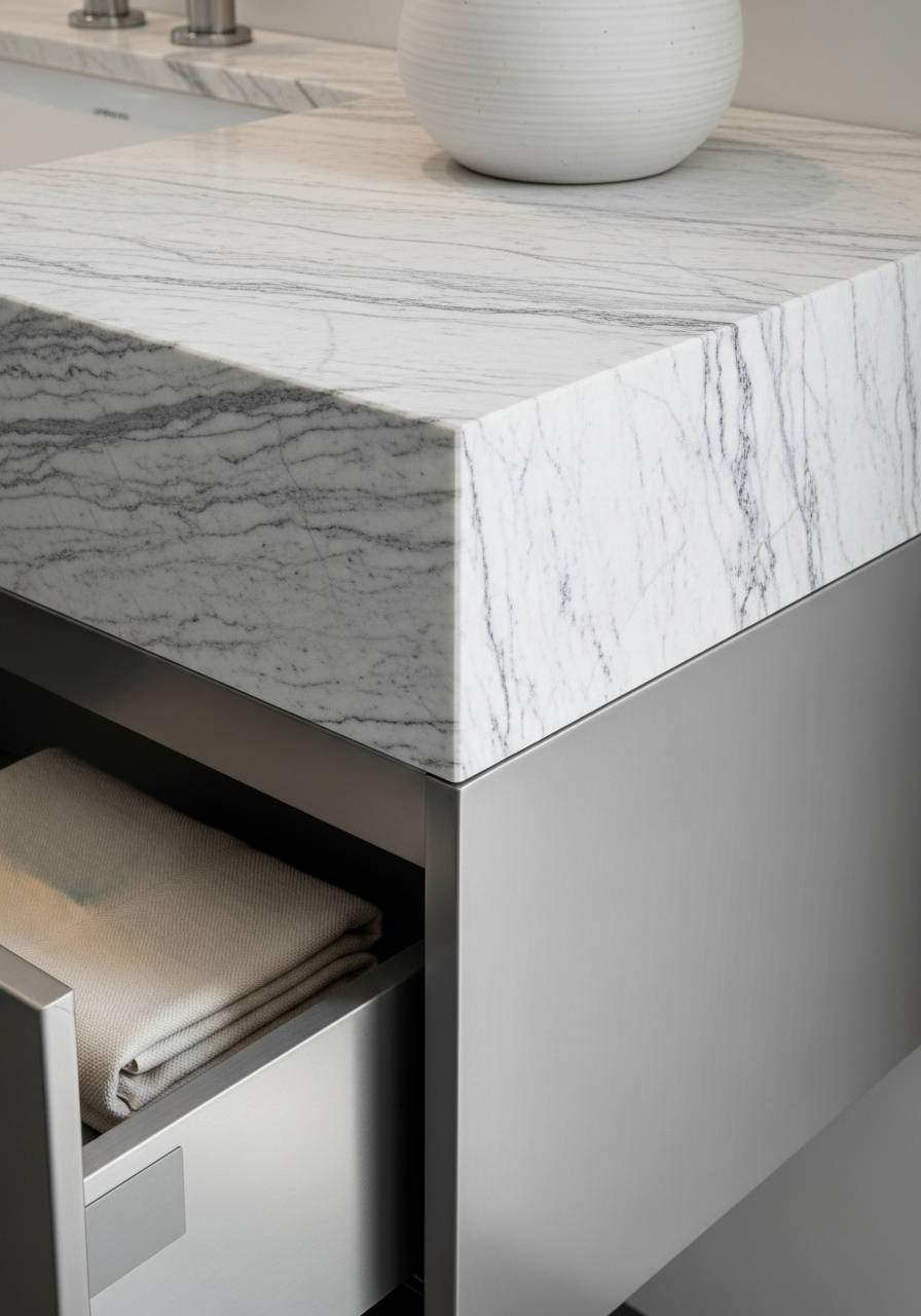 Fadior Acqua Vanity Suite — close-up of stainless steel finish and hardware detail