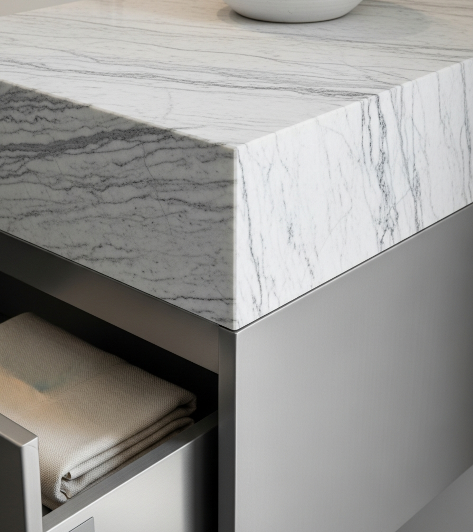 Fadior Acqua Vanity Suite — close-up of stainless steel finish and hardware detail