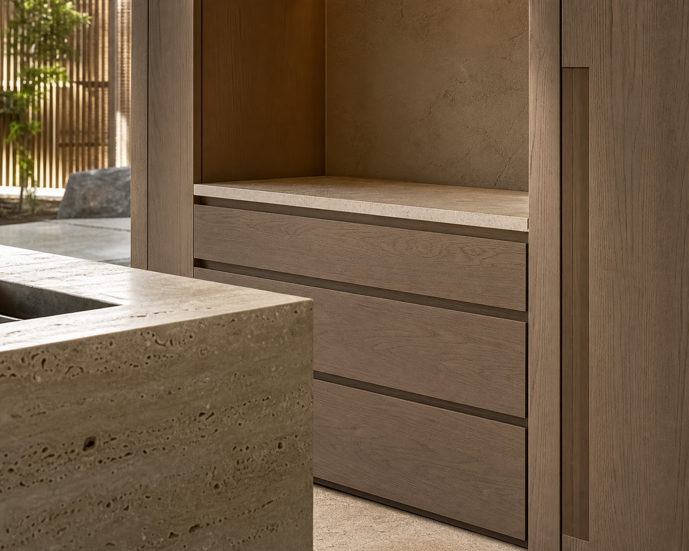 Fadior Solace Kitchen Suite with Servery Spine Pantry — close-up of stainless steel finish and hardware detail