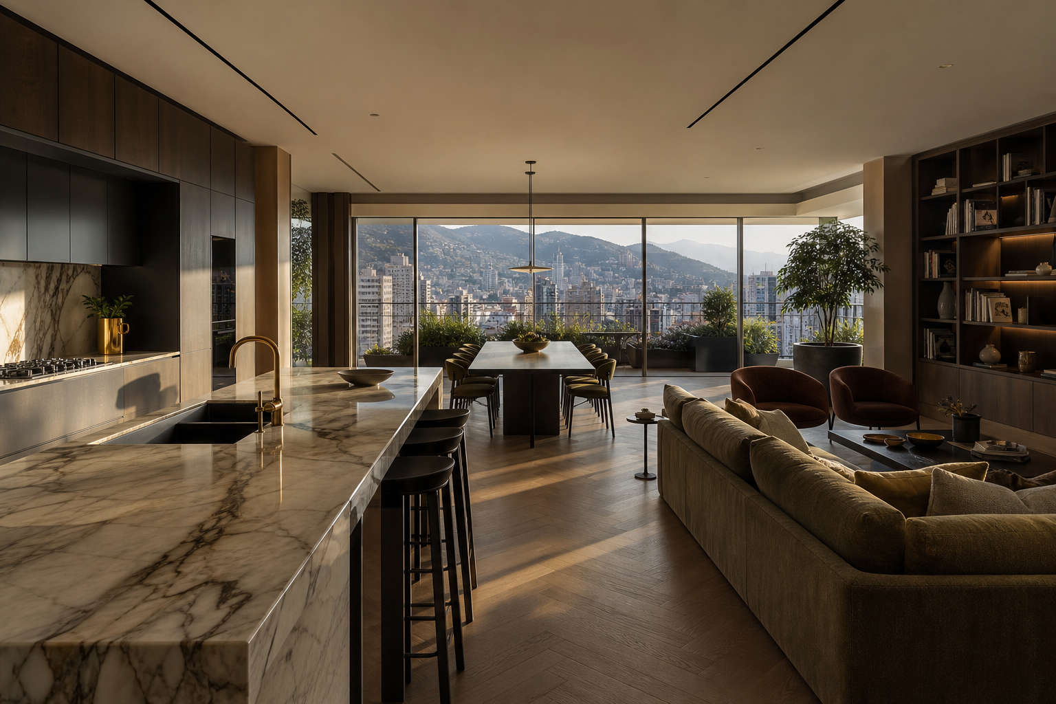 Fadior Medellin 185 sqm Kitchen Apartment — marble island, walnut shelving, sofa seating, oak parquet floor, hillside glazing