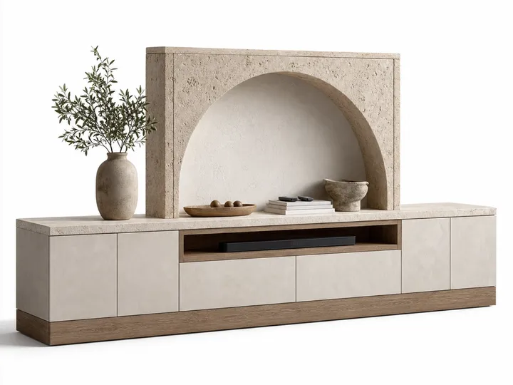 Fadior Zenith Living Room Suite with Arched Limestone Hearth Console — 304 stainless steel living room system, front view