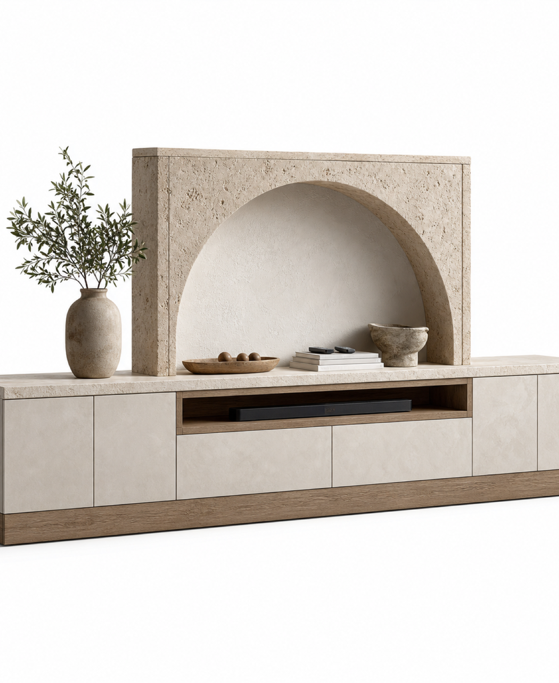 Fadior Zenith Living Room Suite with Arched Limestone Hearth Console — 304 stainless steel living room system, front view