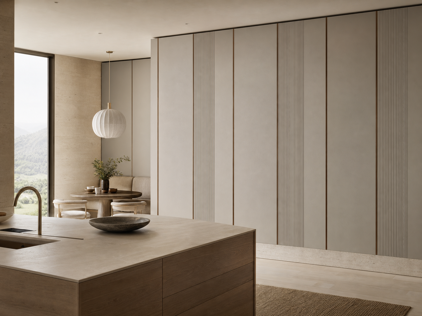 Fadior Miroir Wall Panel Suite with Fluted Linen Gallery Plane — interior room context showing cabinet integration