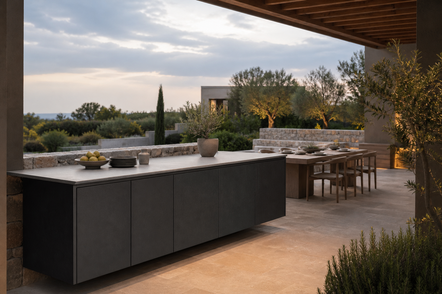 Fadior Horizon Outdoor Kitchen Suite with Porcelain Cantilever Prep Pavilion — lifestyle setting with natural light and