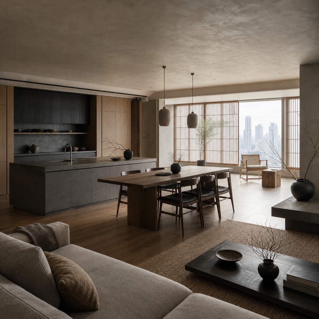 Fadior Shanghai 200 sqm Kitchen Penthouse — Shanghai living and dining room with kitchen island, sofa, cabinet wall, wood table, city window, and woven rug