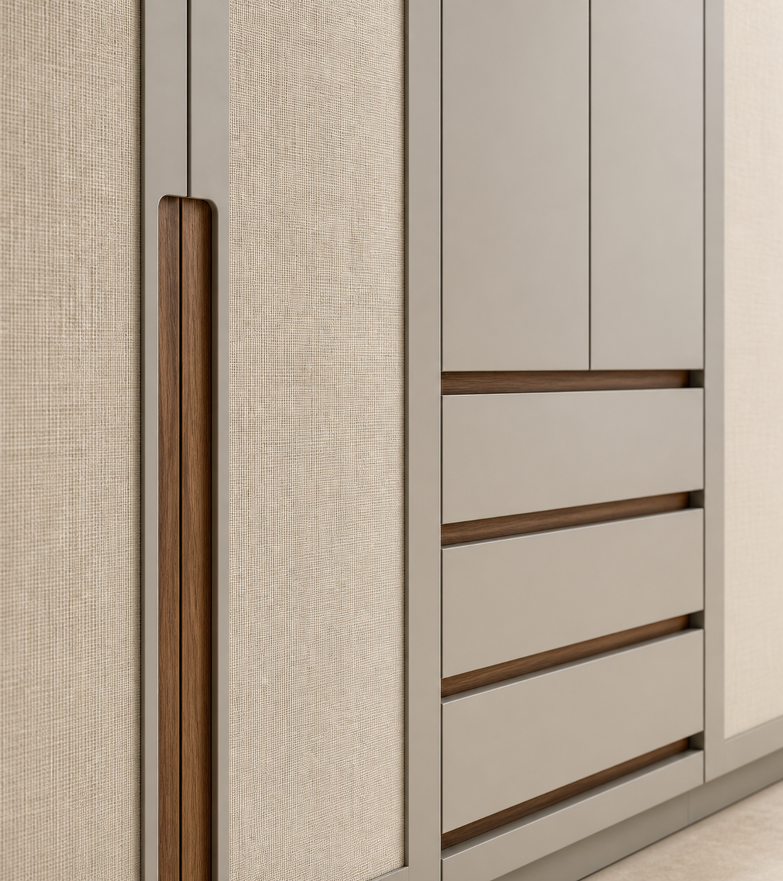 Fadior Onyx Wardrobe Suite with Oak Watch Passage — close-up of stainless steel finish and hardware detail