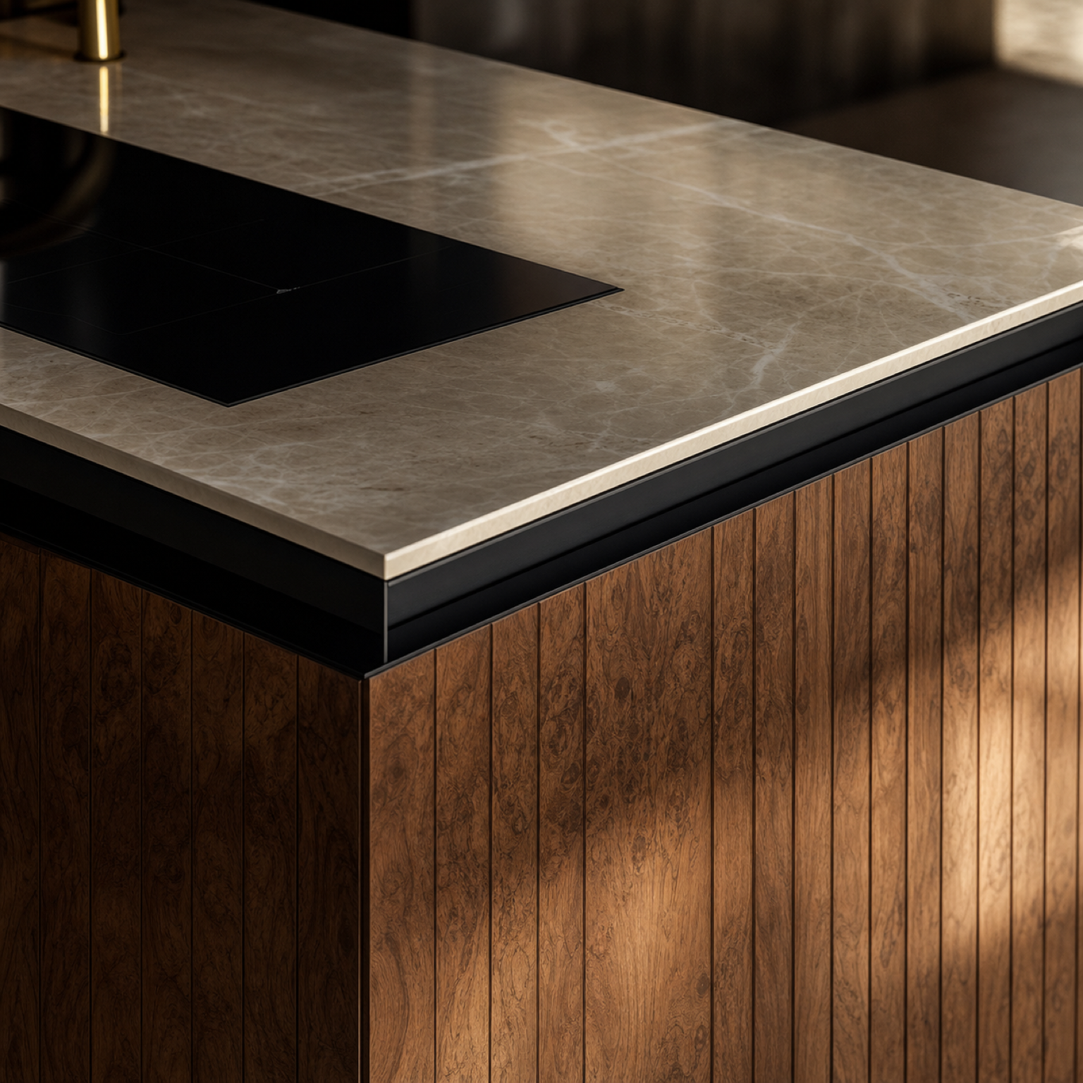 Fadior Forge Kitchen Suite with Induction Flush Island Dock — close-up of stainless steel finish and hardware detail
