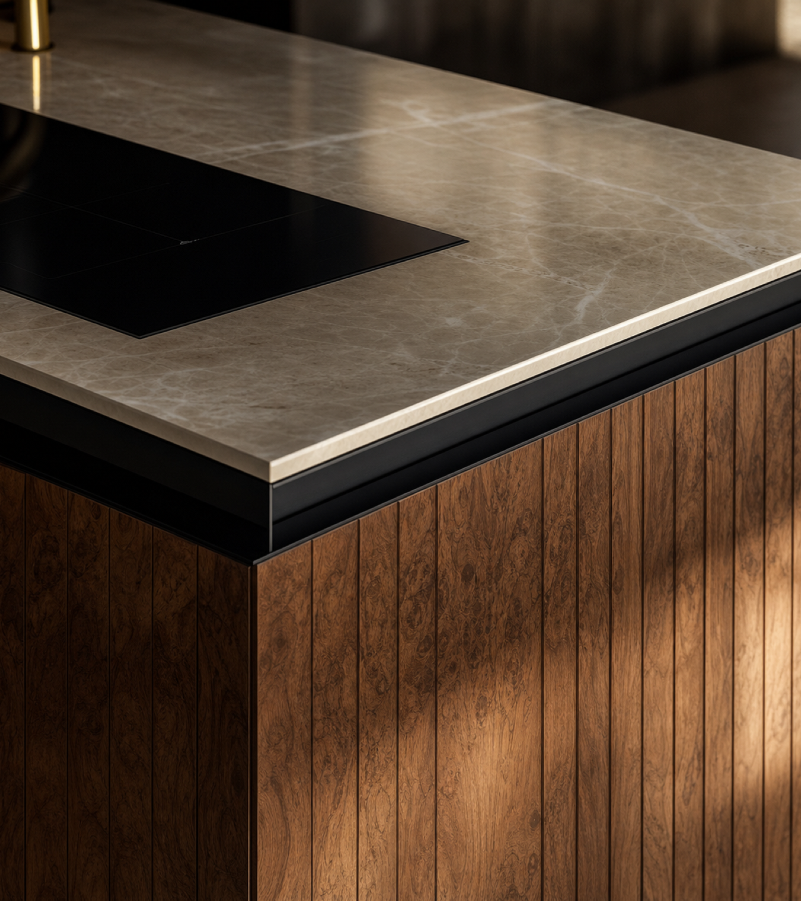 Fadior Forge Kitchen Suite with Induction Flush Island Dock — close-up of stainless steel finish and hardware detail