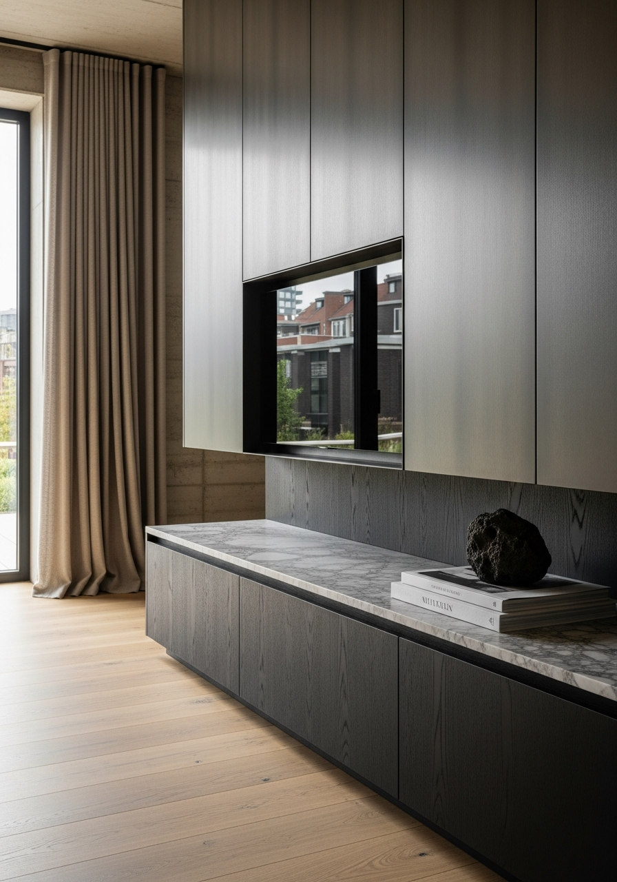 Fadior Essence Media Console — close-up of stainless steel finish and hardware detail