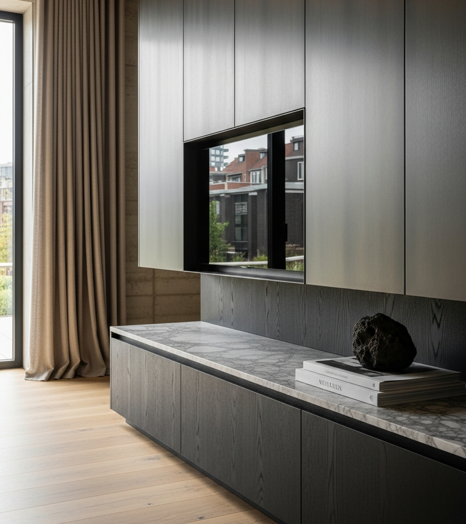 Fadior Essence Media Console — close-up of stainless steel finish and hardware detail