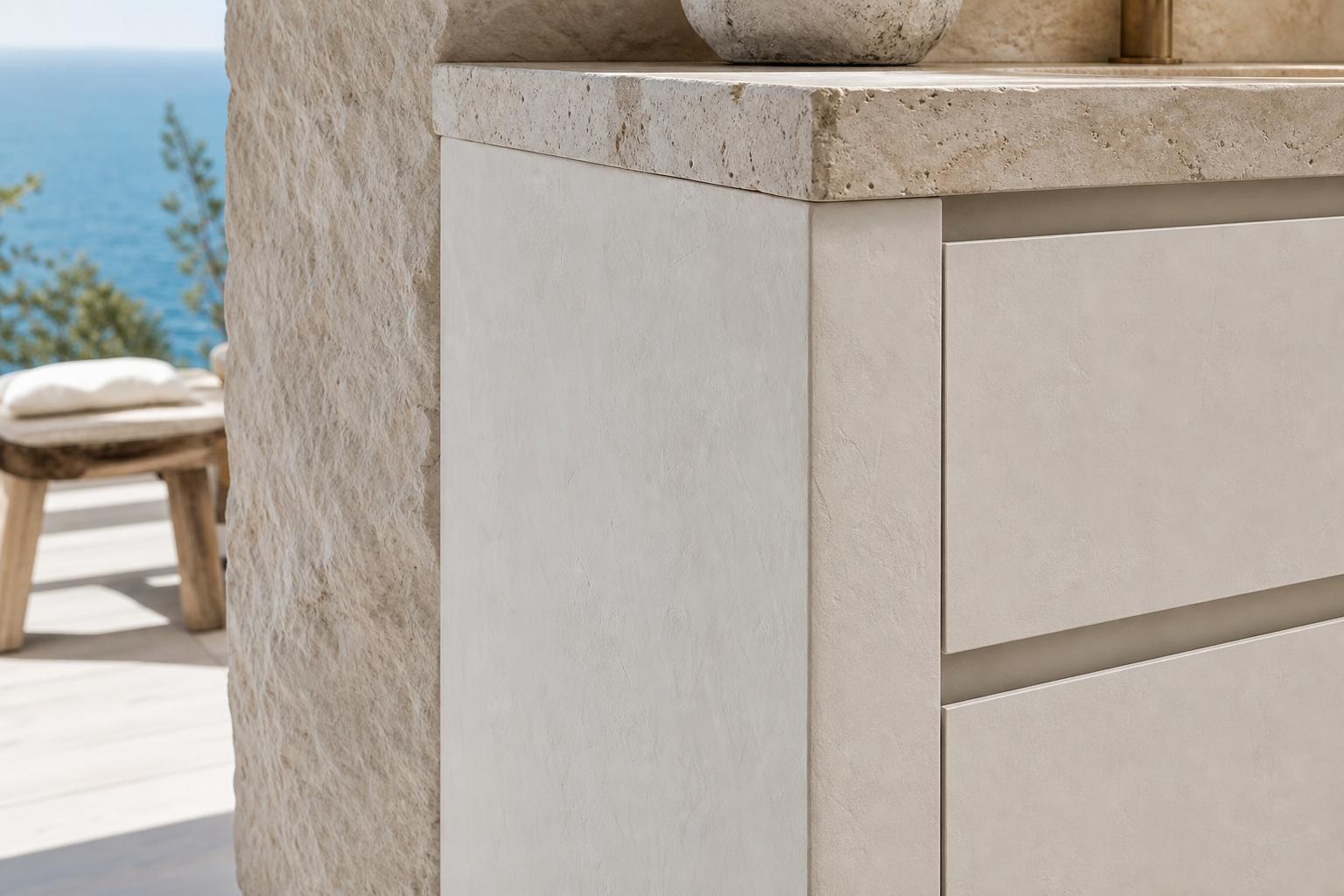 Fadior Verve Bath and Vanity Suite with Whitewashed Basin Pilaster — close-up of stainless steel finish and hardware detail