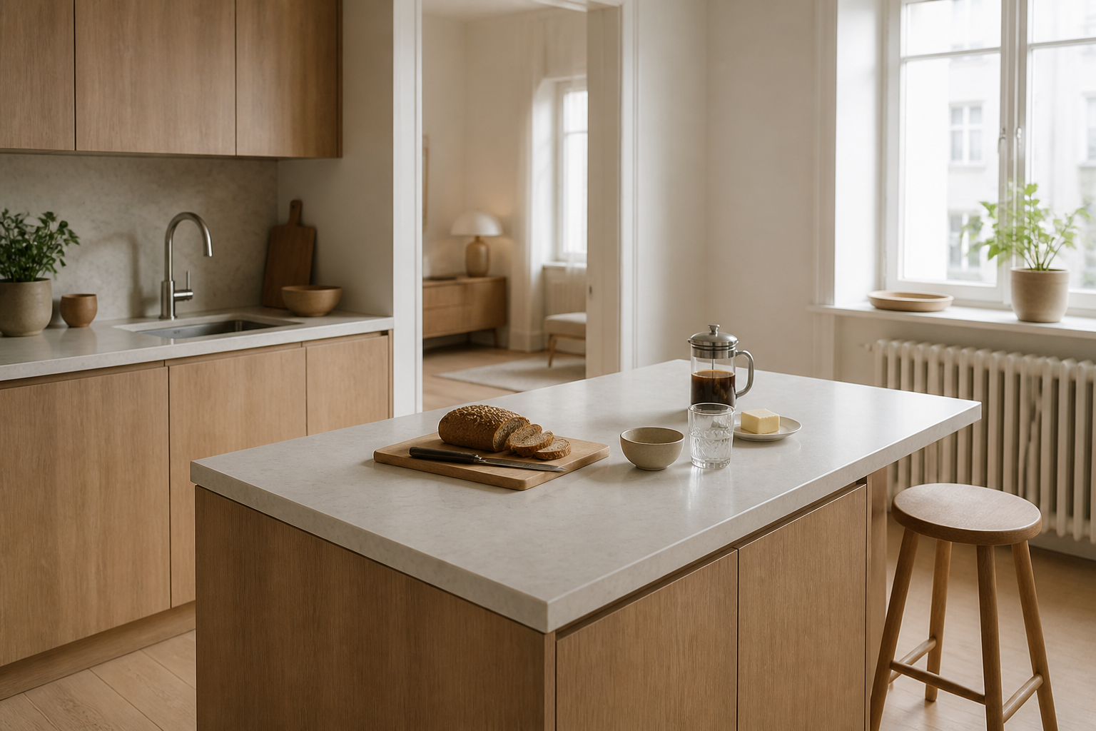 Compact warm-toned kitchen island arranged for preparation in a bright apartment kitchen.