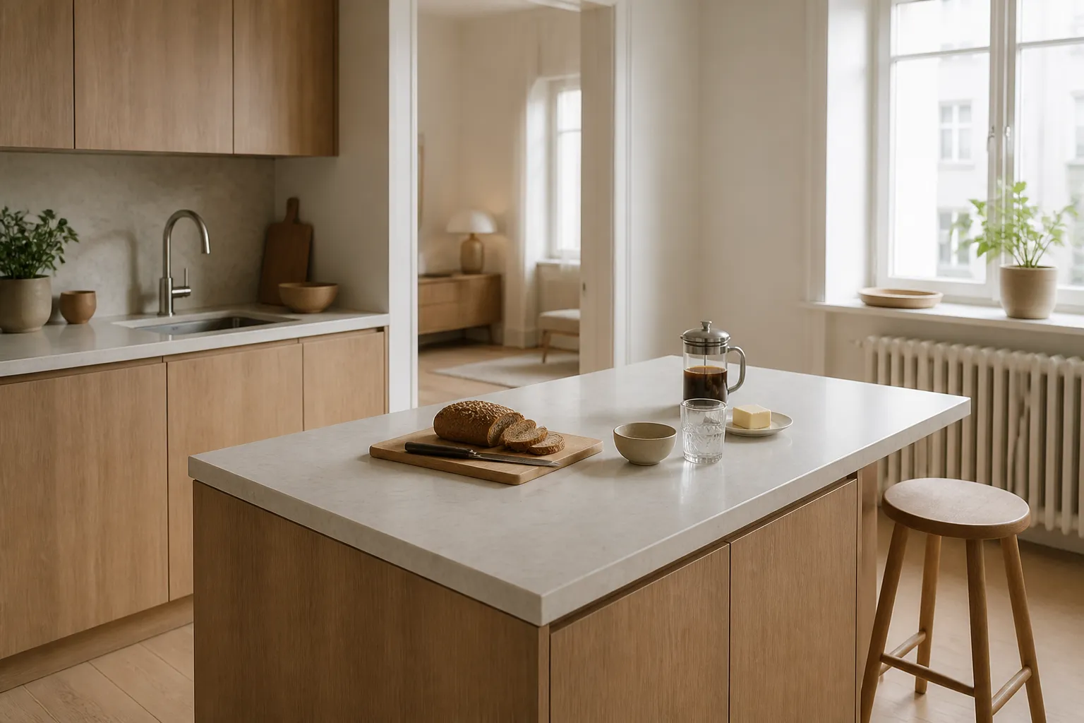 Compact warm-toned kitchen island arranged for preparation in a bright apartment kitchen.