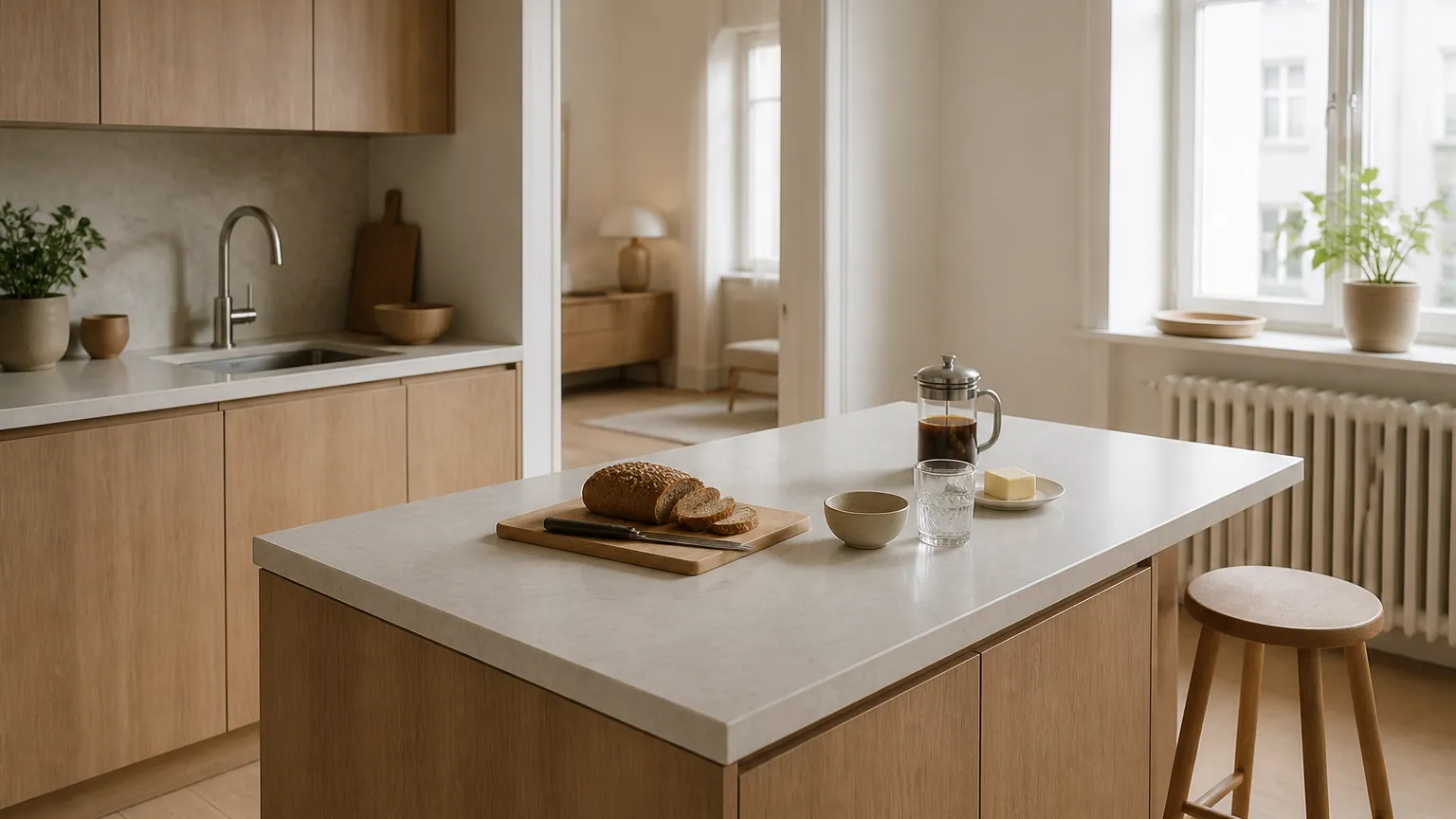 Compact warm-toned kitchen island arranged for preparation in a bright apartment kitchen.