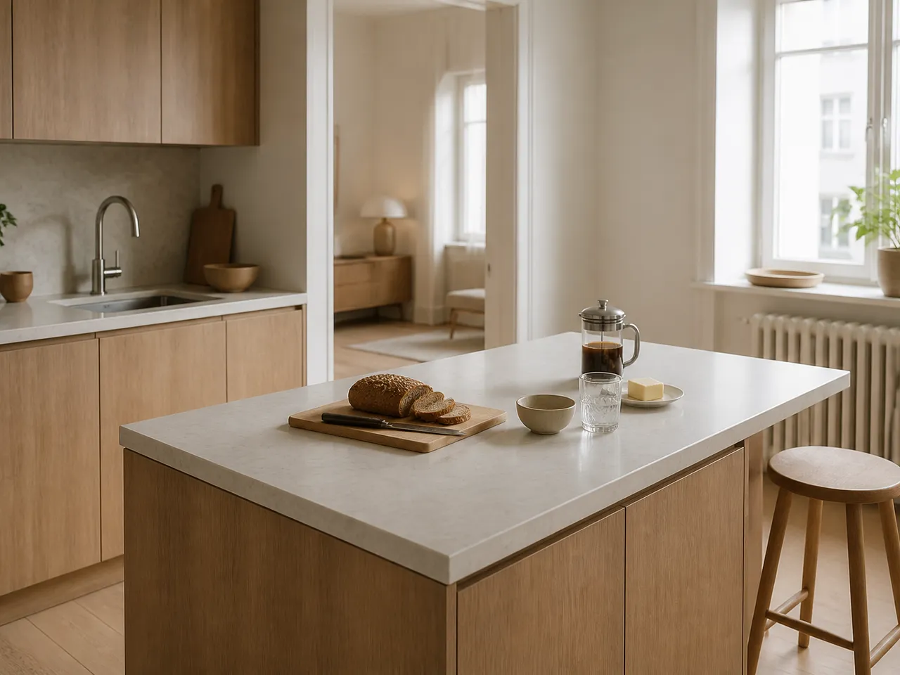 Compact warm-toned kitchen island arranged for preparation in a bright apartment kitchen. — 304 stainless steel cabinetry editorial by Fadior