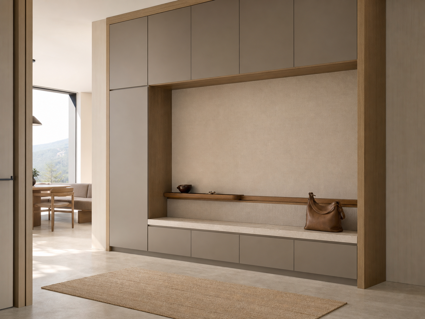 Fadior Savile Entryway Suite with Saddle Tray Bench — interior room context showing cabinet integration