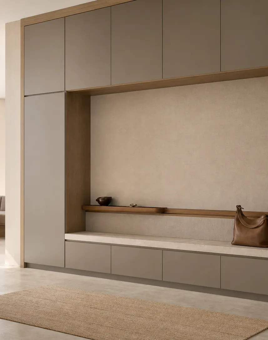 Fadior Savile Entryway Suite with Saddle Tray Bench — interior room context showing cabinet integration