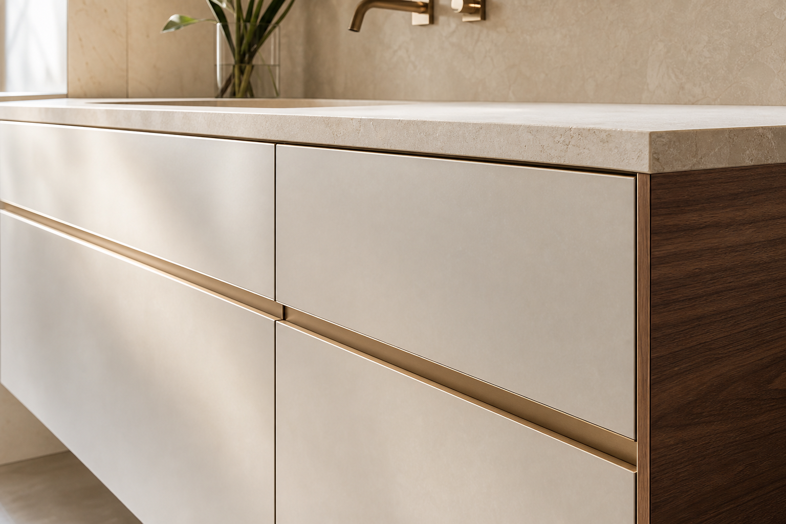 Fadior Nacre Bath and Vanity Suite with Pearl Vanity Axis — close-up of stainless steel finish and hardware detail