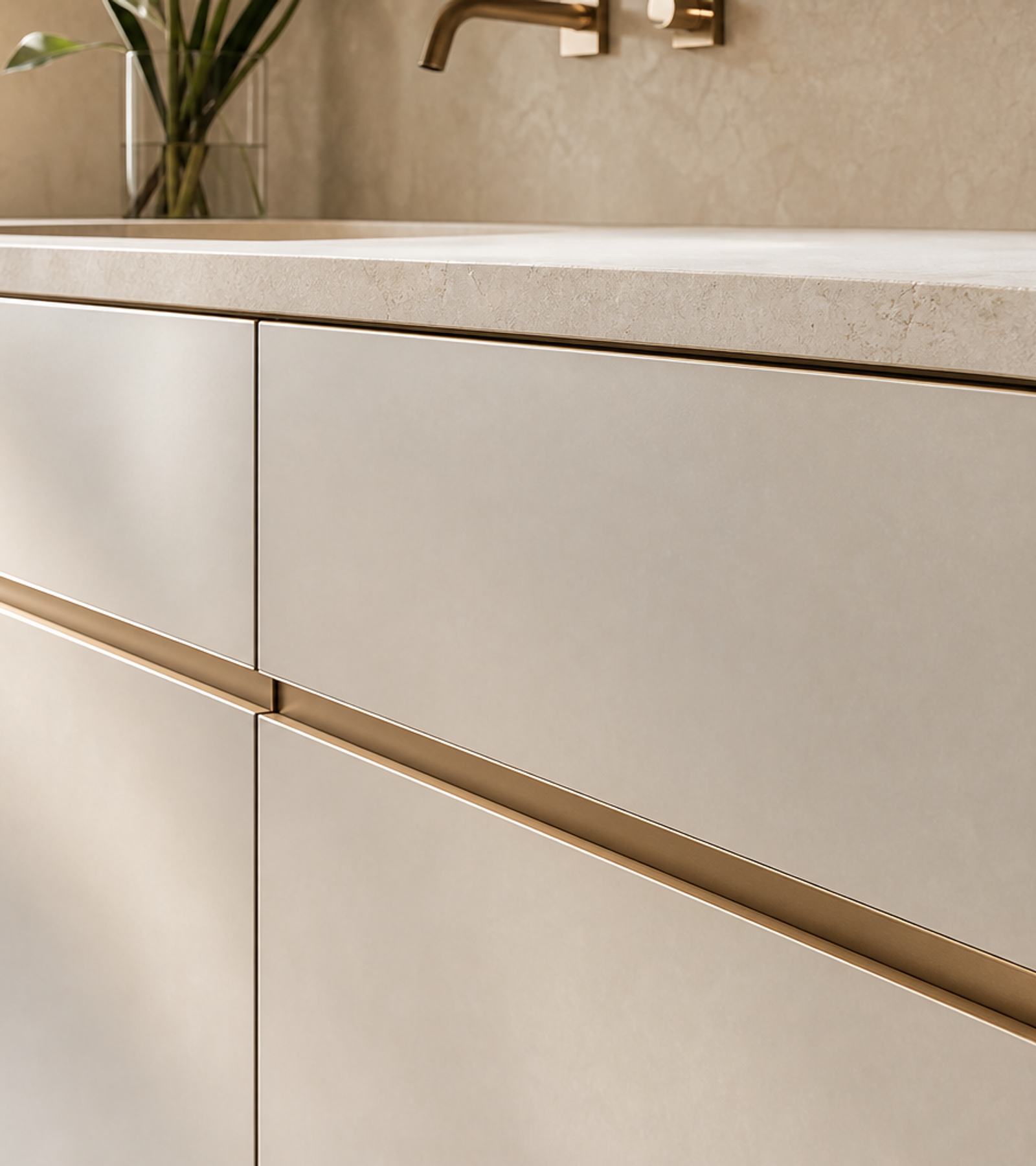 Fadior Nacre Bath and Vanity Suite with Pearl Vanity Axis — close-up of stainless steel finish and hardware detail