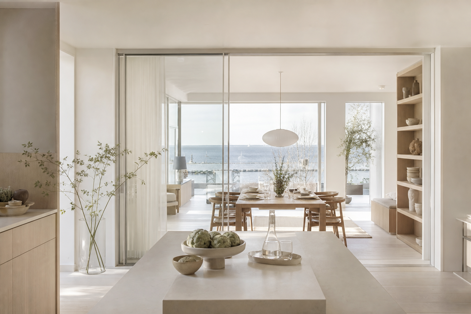 Kitchen atmosphere with blond ash, chalk white surfaces, and transparent threshold for SANAA-inspired calm. — 304 stainless steel cabinetry editorial by Fadior