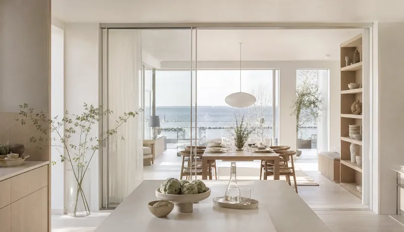 Kitchen atmosphere with blond ash, chalk white surfaces, and transparent threshold for SANAA-inspired calm. — 304 stainless steel cabinetry editorial by Fadior