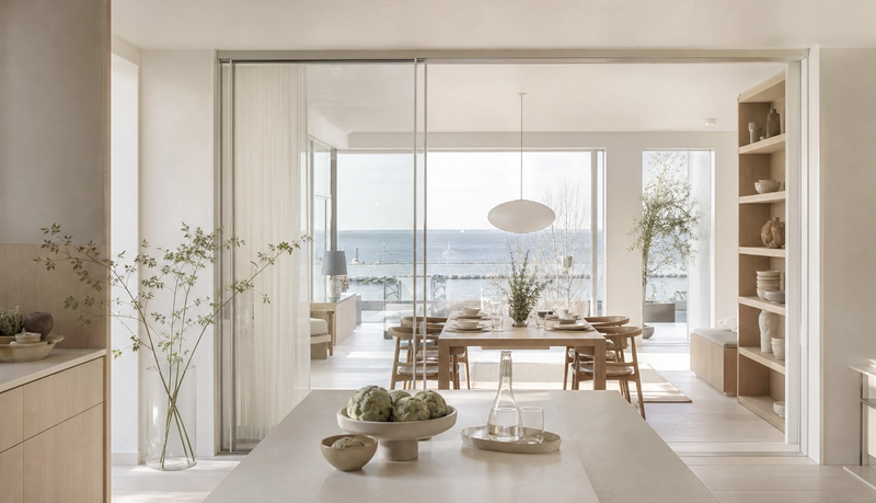 Kitchen atmosphere with blond ash, chalk white surfaces, and transparent threshold for SANAA-inspired calm. — 304 stainless steel cabinetry editorial by Fadior