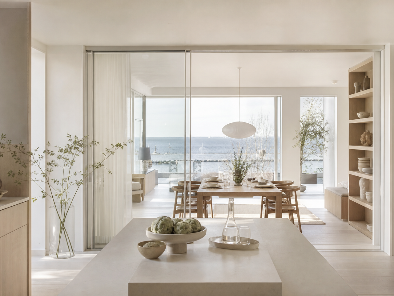 Kitchen atmosphere with blond ash, chalk white surfaces, and transparent threshold for SANAA-inspired calm. — 304 stainless steel cabinetry editorial by Fadior