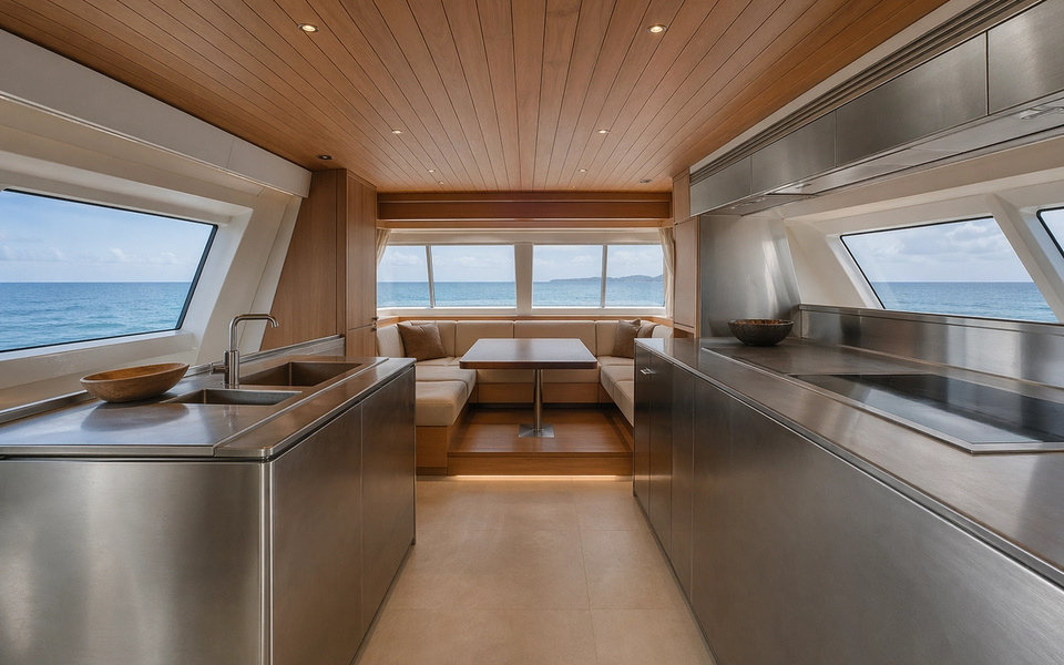 Fadior Caribbean Explorer Yacht — stainless galley island, teak ceiling, ocean window light, stone floor